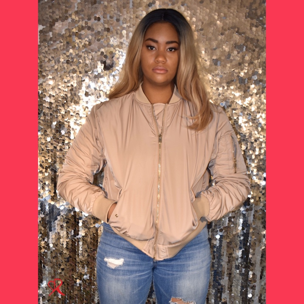 Ruched Beige Bomber Jacket